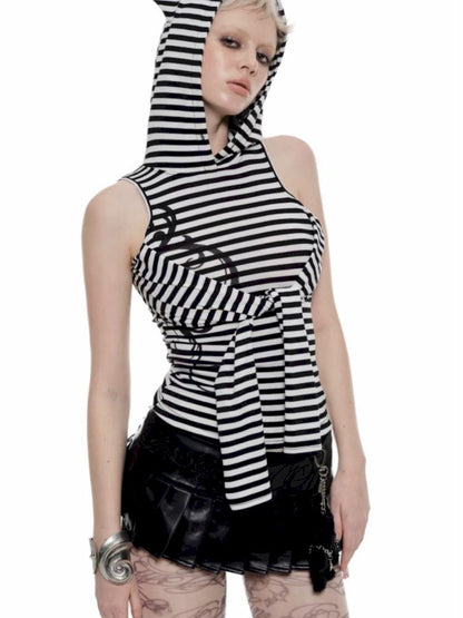 Striped Cat Ears Hooded Bottom Shirt