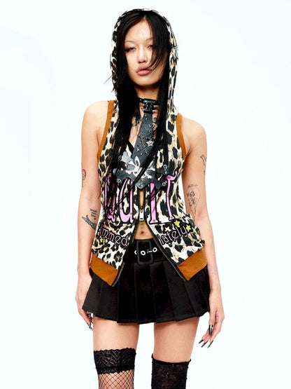 Patent leather embroidered leopard print waistcoat