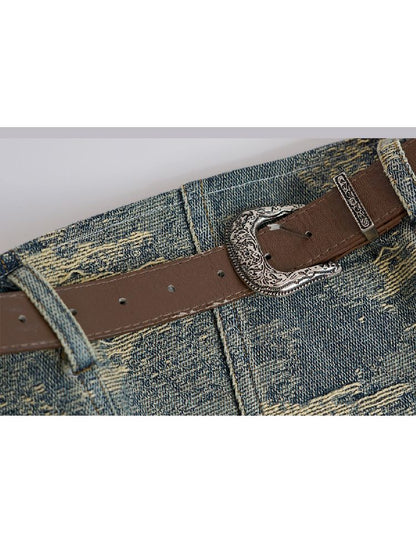 Denim Washed Belt Patchwork Sheath Dress