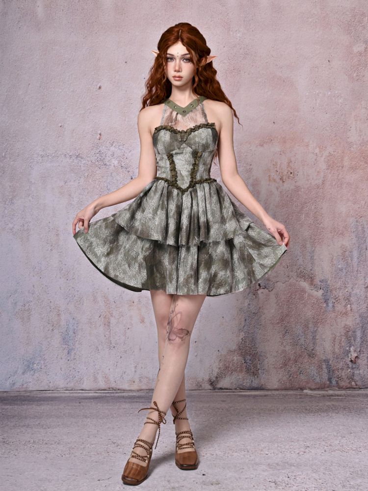 Tie-Dye Printed Lace Neck Cake Dress