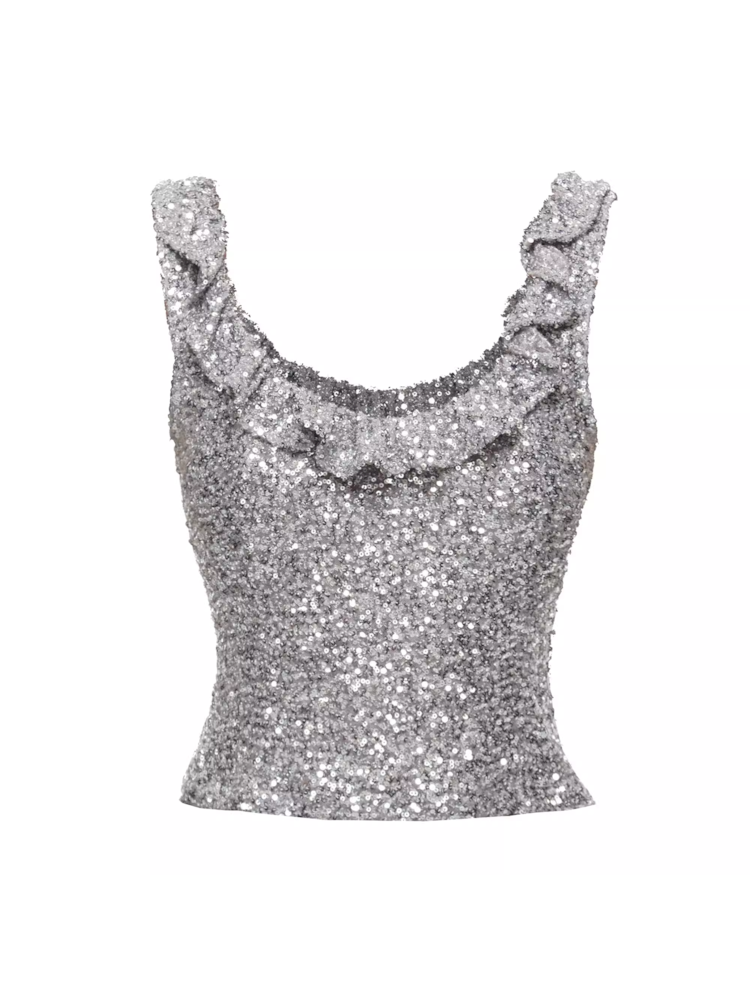 Pleated silver beaded halter ruffle design