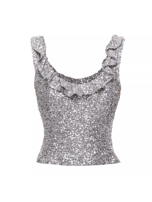 Pleated silver beaded halter ruffle design