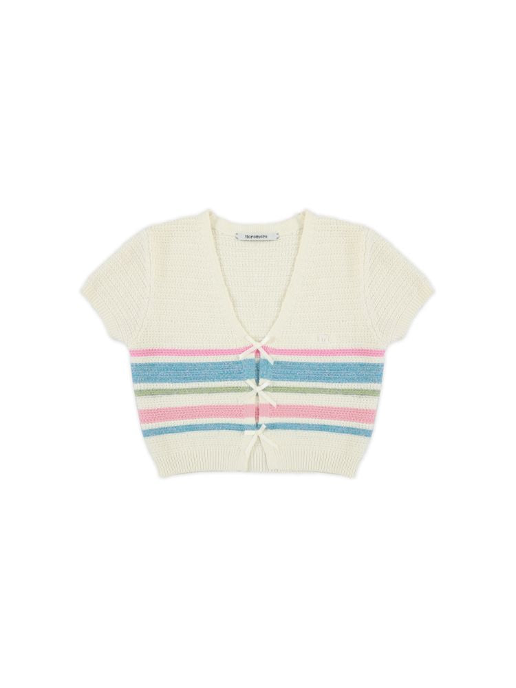 Stripe texture feeling bow short sleeve V-neck knit tops