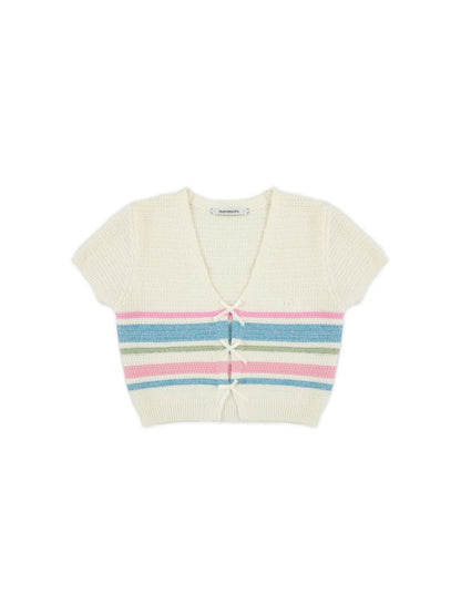 Stripe texture feeling bow short sleeve V-neck knit tops