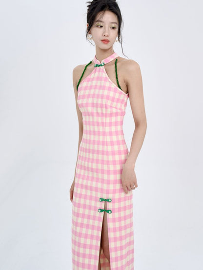 Pink Check Slim Long Cheongsam Dress