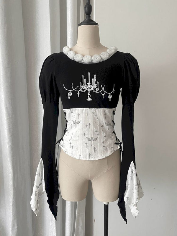 Candlestick Cross Print Flared Sleeve Tee Top