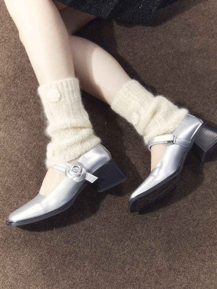 Silver Camellia Square Toe Mary Jane Leather Shoes