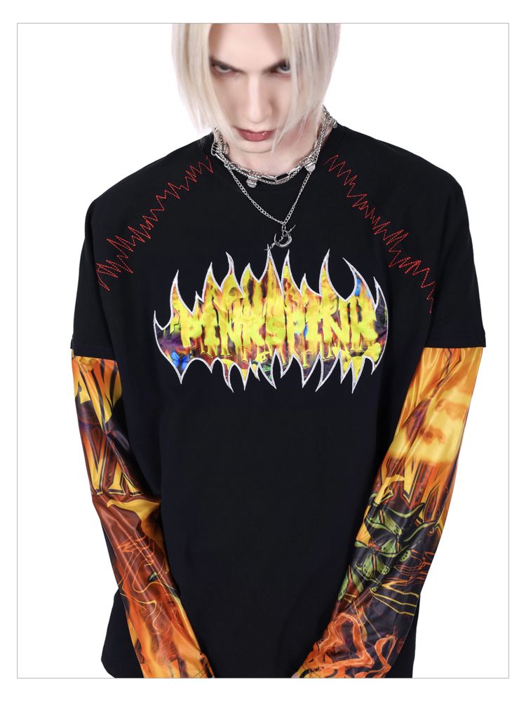 Flame Cat Concept Genderless Loose Street Patchwork Sleeve T