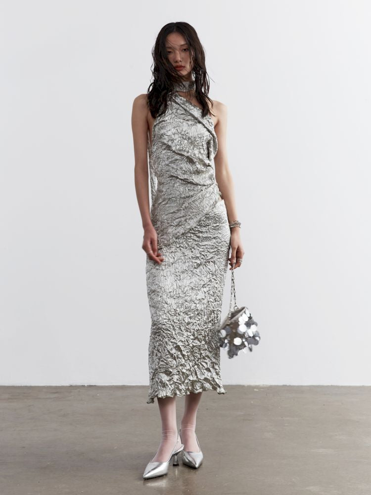 Metallic Satin Crinkle Textured Two-Piece Dress