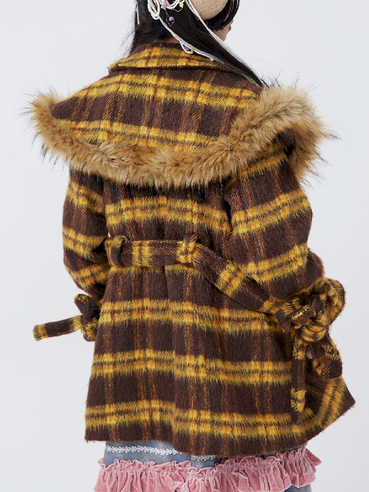 Yellow Plaid Tweed Thick Coat