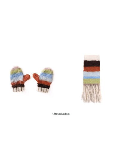 Stripe gloves hand knitted tassel scarf