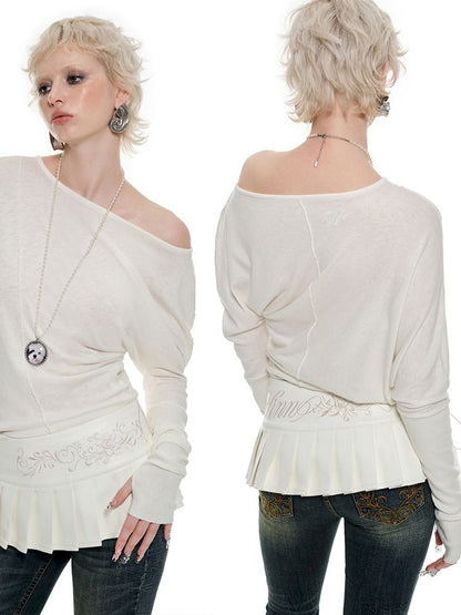 Slant Shoulder Asymmetric Knit Blouse