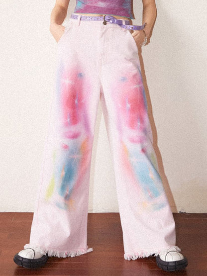 Straight Printed Raw Hem Jeans