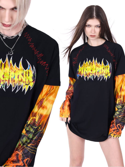 Flame Cat Concept Genderless Loose Street Patchwork Sleeve T