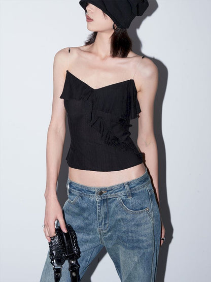 Beaded Transparent Straps Black V-Neck Camisole