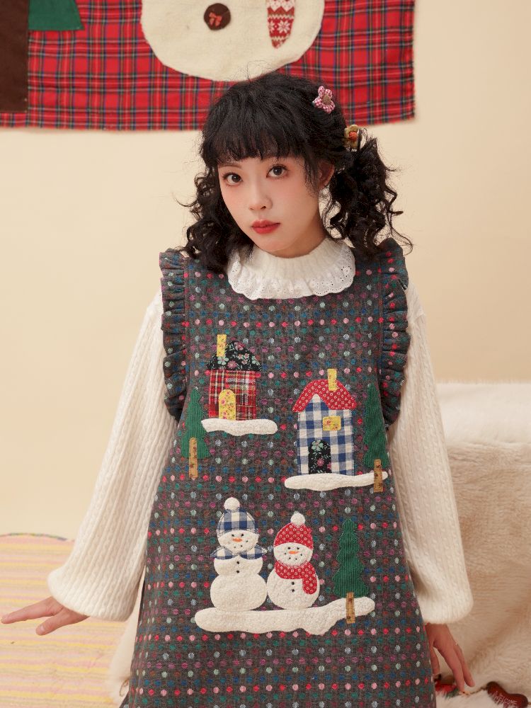 Dot Wool Tweed Gray Christmas Vest Dress