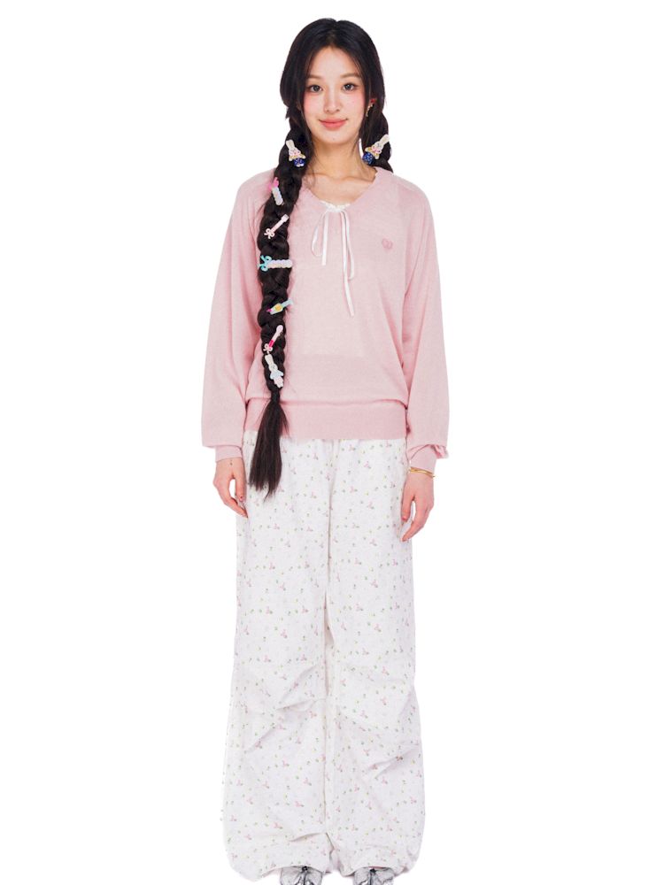 Wheat ears embroidery label soft V-neck loose long-sleeved jumper