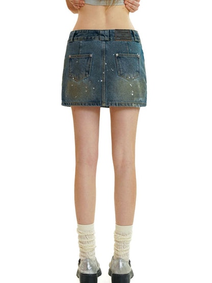 Heavy industry splash ink spray denim short skirt