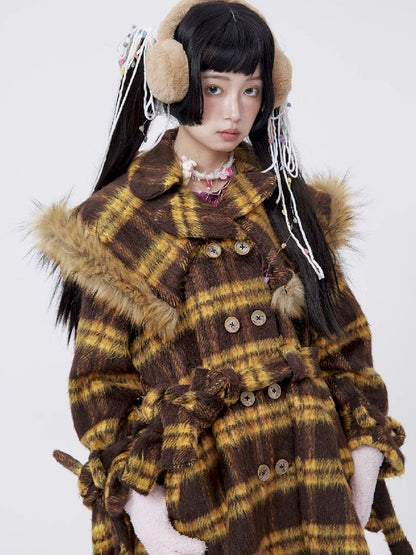 Yellow Plaid Tweed Thick Coat