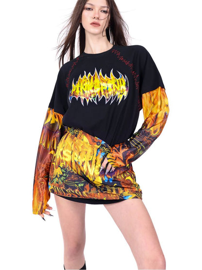 Flame Cat Concept Genderless Loose Street Patchwork Sleeve T