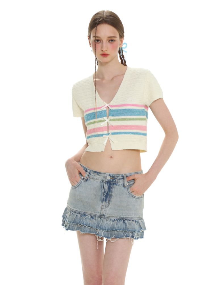 Stripe texture feeling bow short sleeve V-neck knit tops