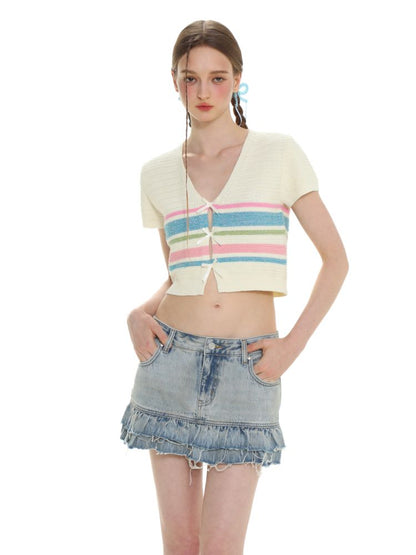 Stripe texture feeling bow short sleeve V-neck knit tops