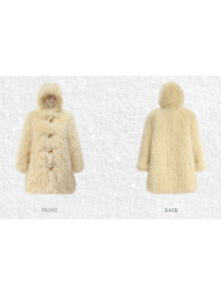 hooded mid-length loose faux fur jacket coat