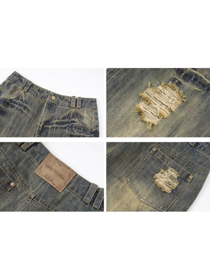 Washed ripped holes loose wide leg jeans