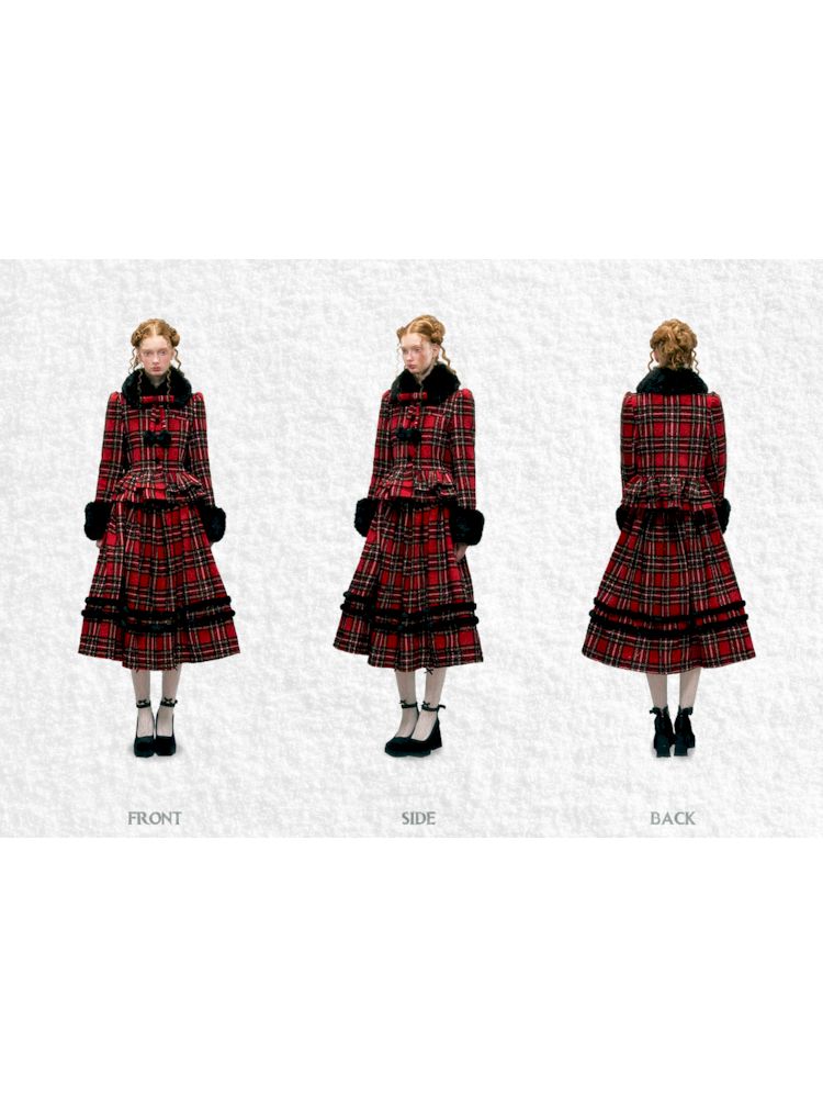 Checkered Removable Hair Collar Tweed Jacket Halter Set