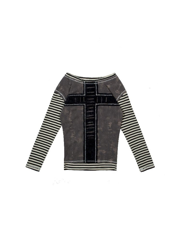 Patchwork Clashing Cross Long Sleeve Knit Top