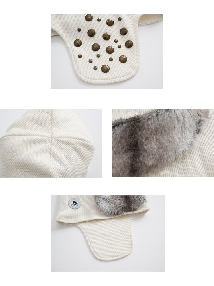 Studded Fur Patchwork Asymmetrical Airplane Hat