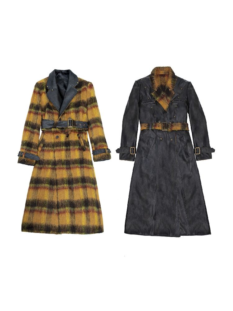 Reversible plaid patchwork leather trench coat