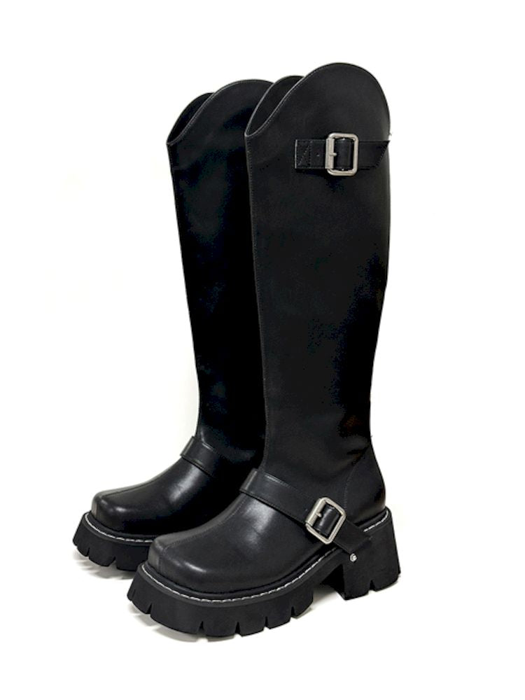 Black Thick Sole Big Head Western Boots