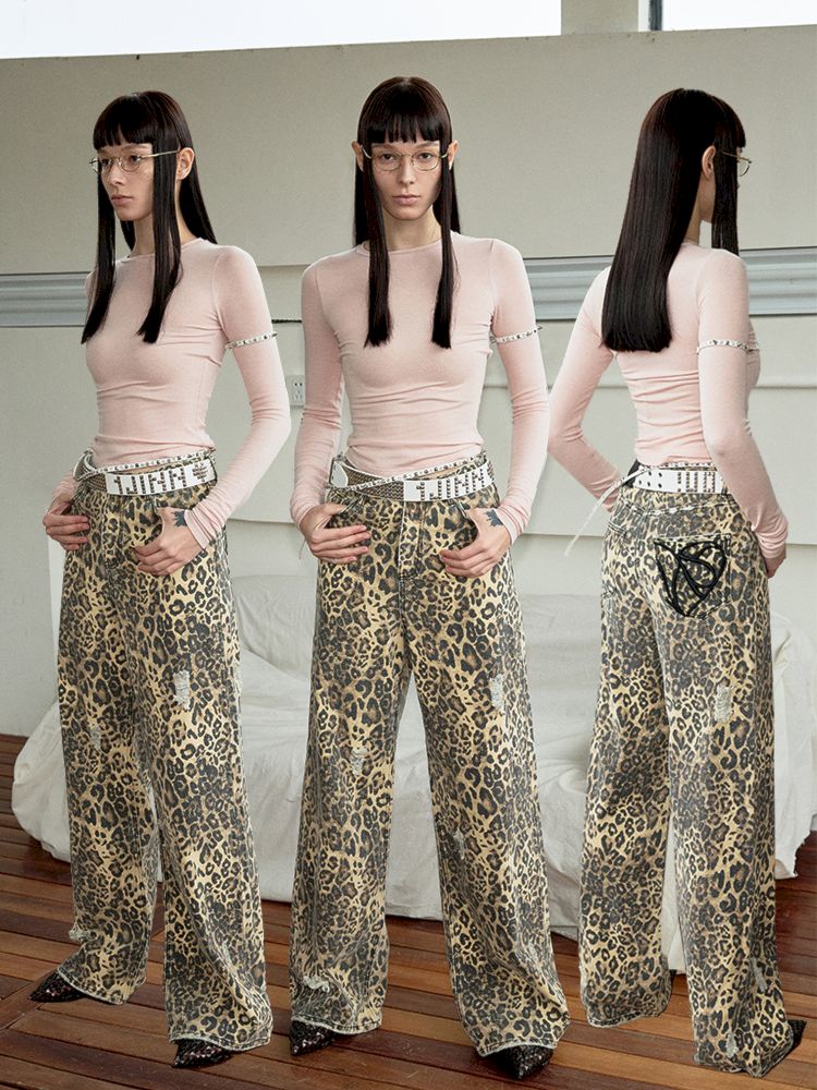 Leopard Print Canvas Wide Leg Pants