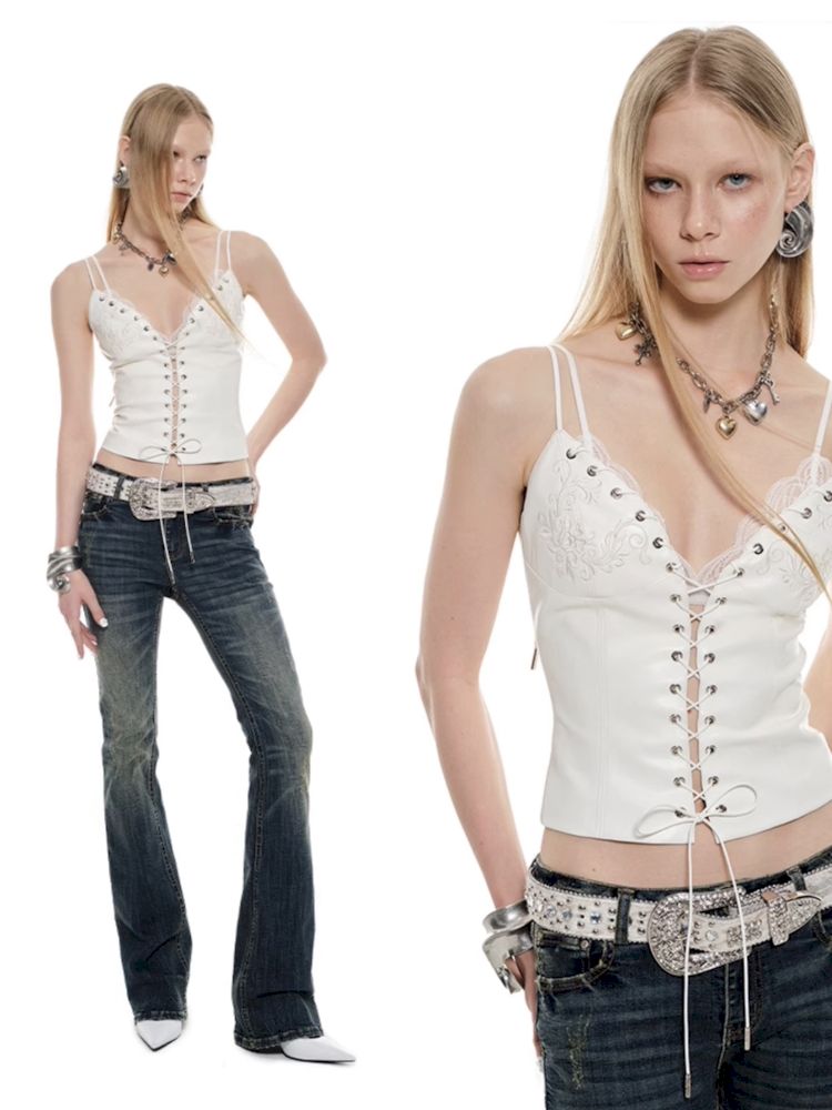 Lace up leather thin Shoulder Camisole Vest