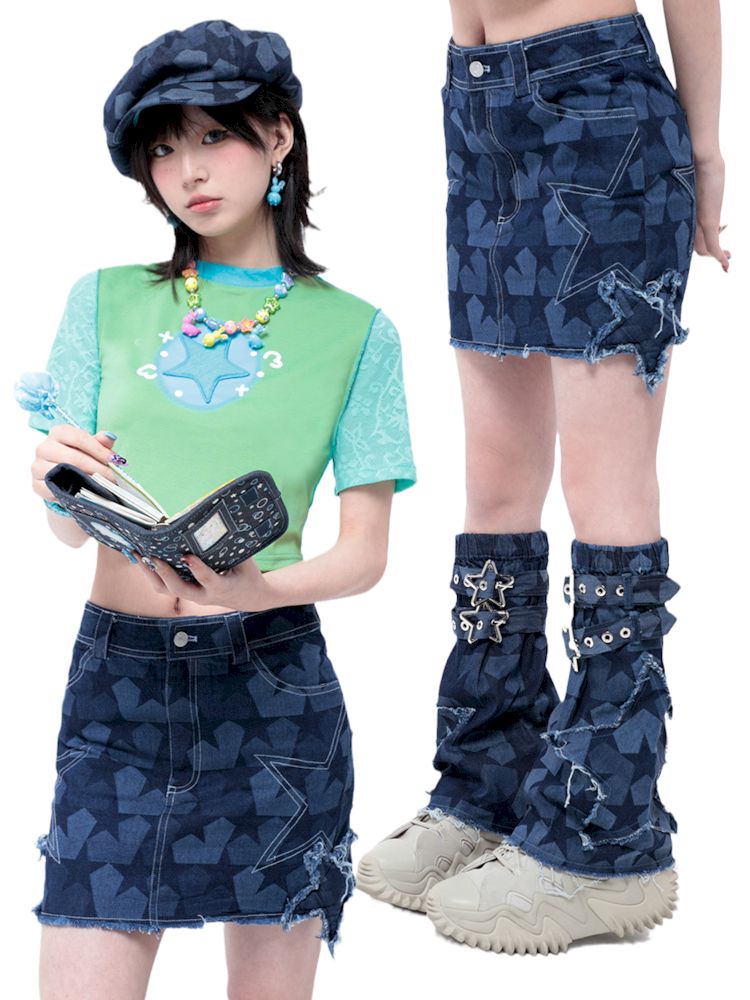 Dark Blue Star Denim Skirt