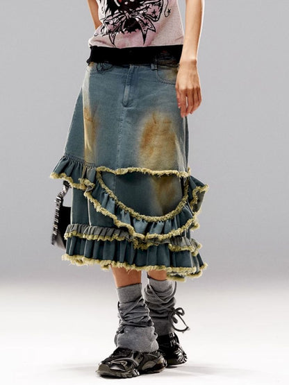 Raw Edge Mud Dye Denim Skirt