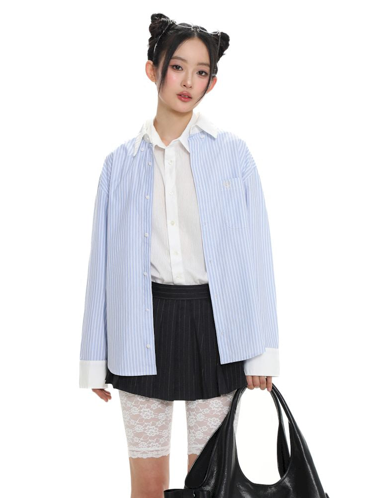 Stripe embroidery label long-sleeved shirt