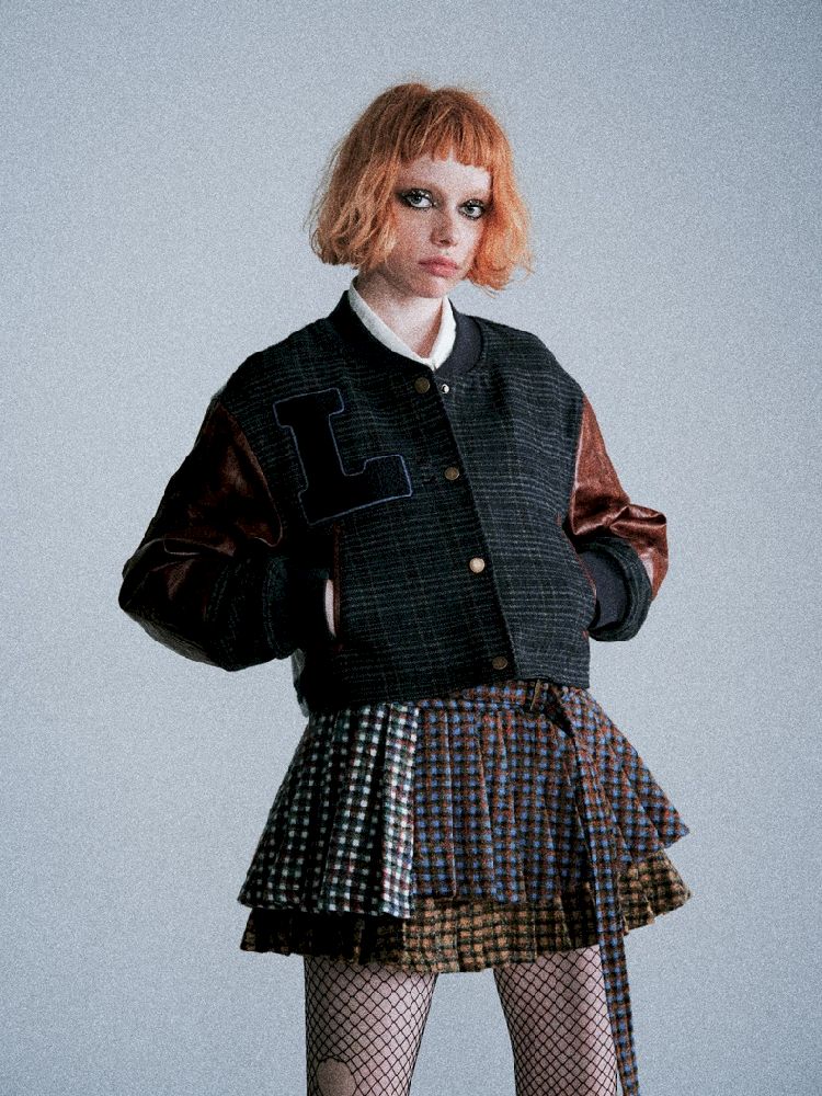 Three-color plaid splicing pleated skirt