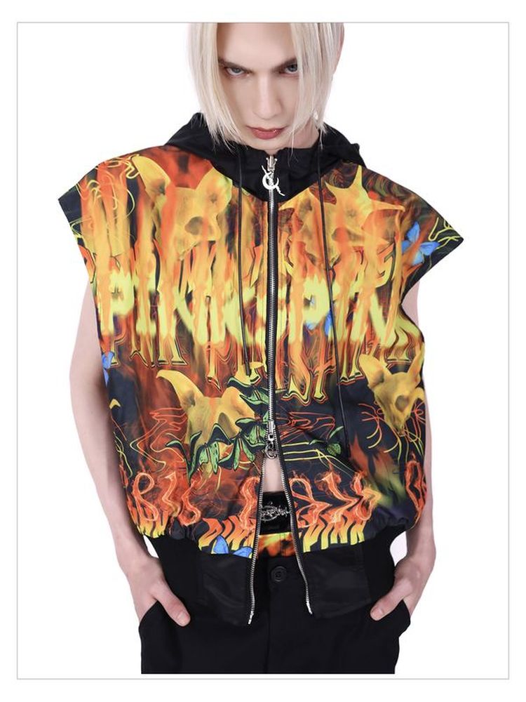 Flaming Cat Rock Punk Genderless Sleeveless Jacket