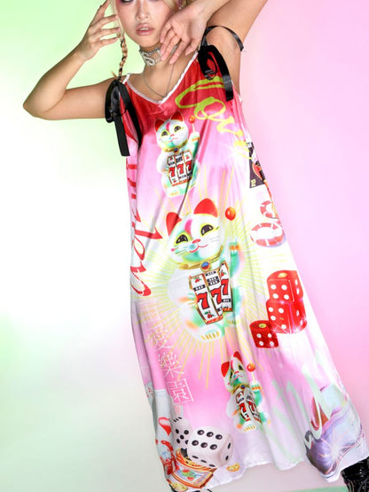 Fortune Cat Printed Silk Halter Dress