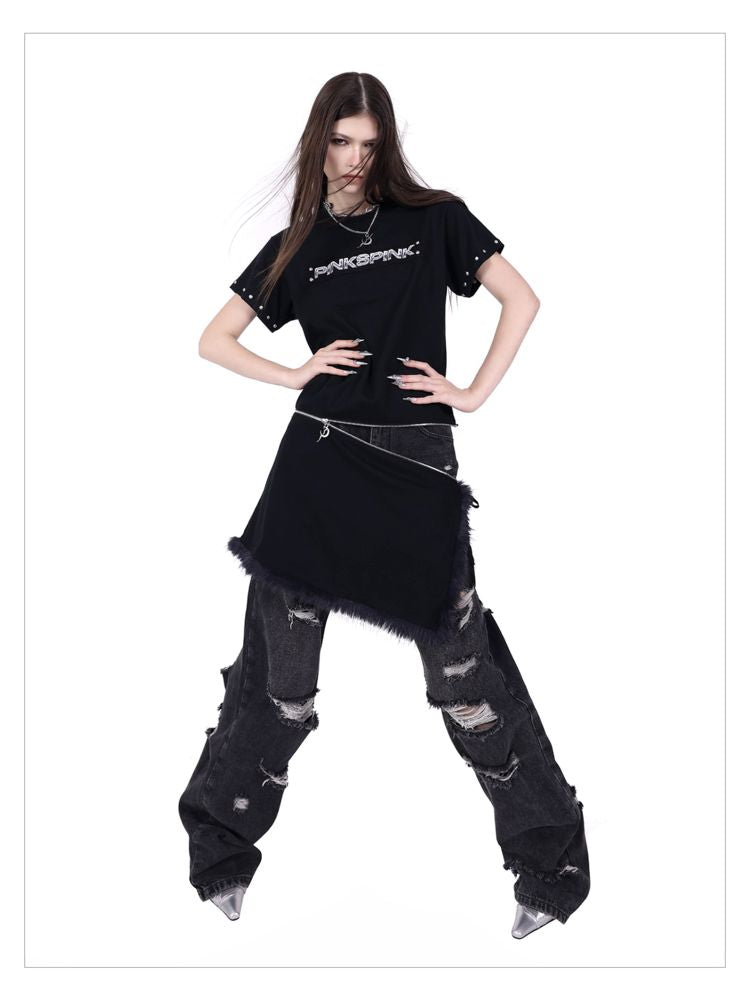 Studded Zip Slim Split Genderless Short Sleeve