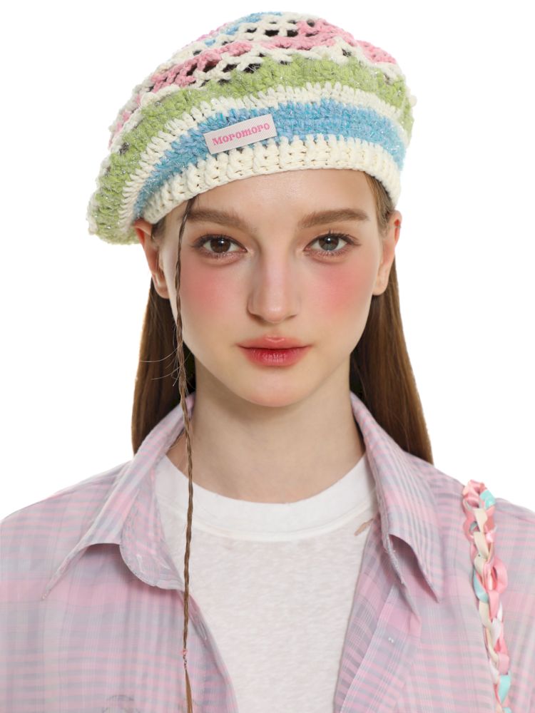 Fish scale pattern jacquard bow beret