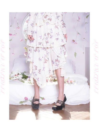 Butterfly Print Irregular Hem Lace Ruffle Half Skirt