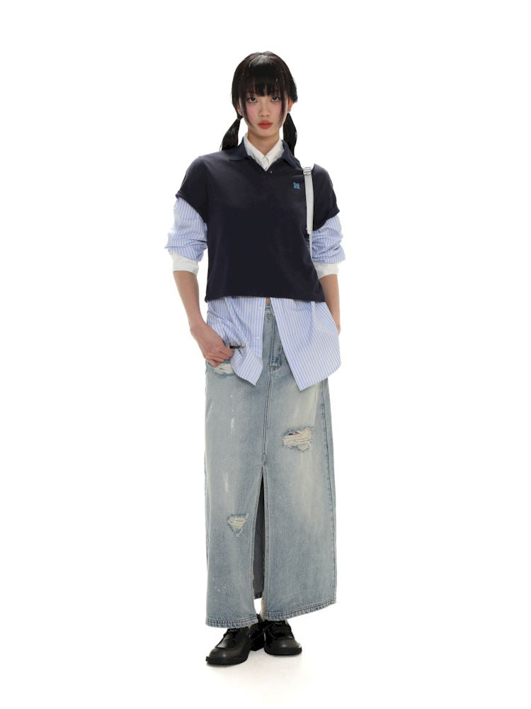 Multiple holes denim long skirt