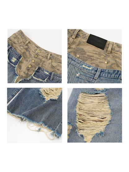 Low-rise ripped camouflage patchwork denim