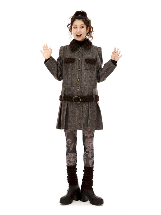 Tweed Single Breasted Coat Jacket Pleated Skirt