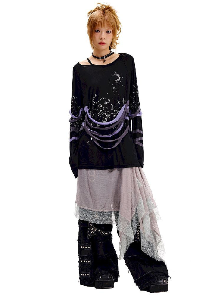 Starry Night Rhinestone Long Sleeve T-Shirt