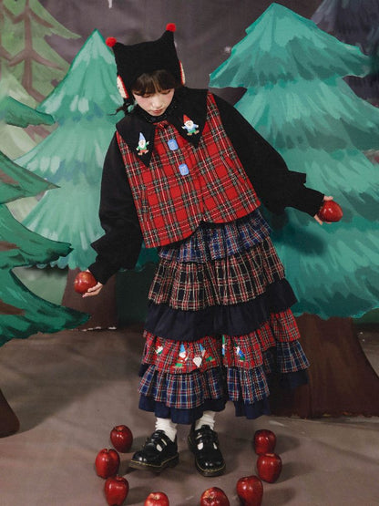 Red Grid Patchwork Lolita Silhouette Short Jacket