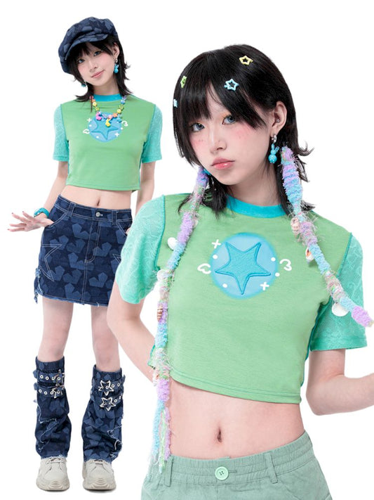 Patchwork Star Kurzarm-T-Shirt 